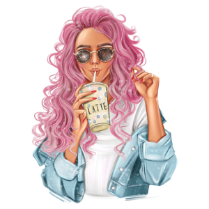 1€ Sale - Frau mit Kaffee - Rosa Haare - 7cm