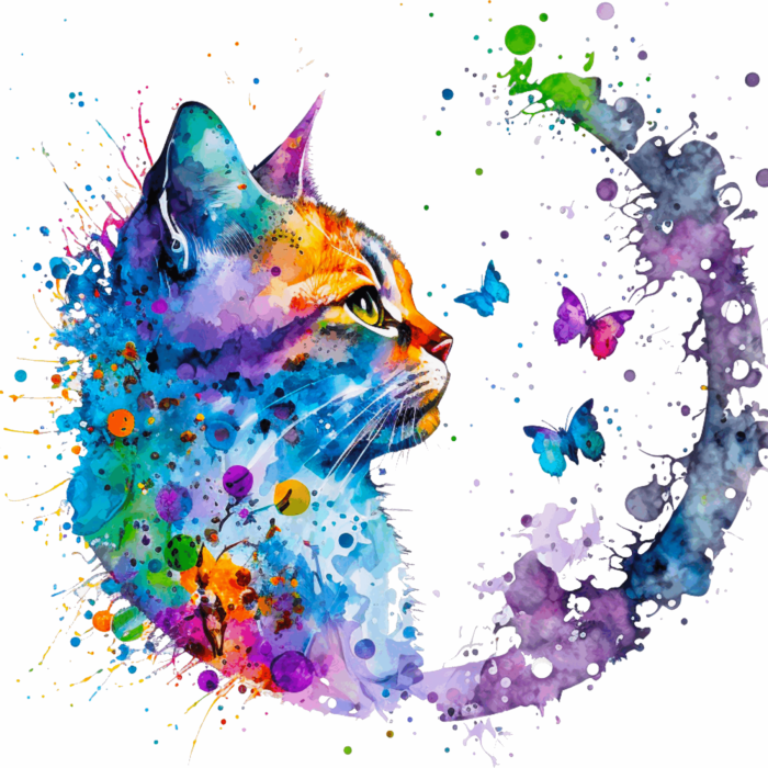 Bügelbild-Katze-Bunt-Schmetterlinge-min