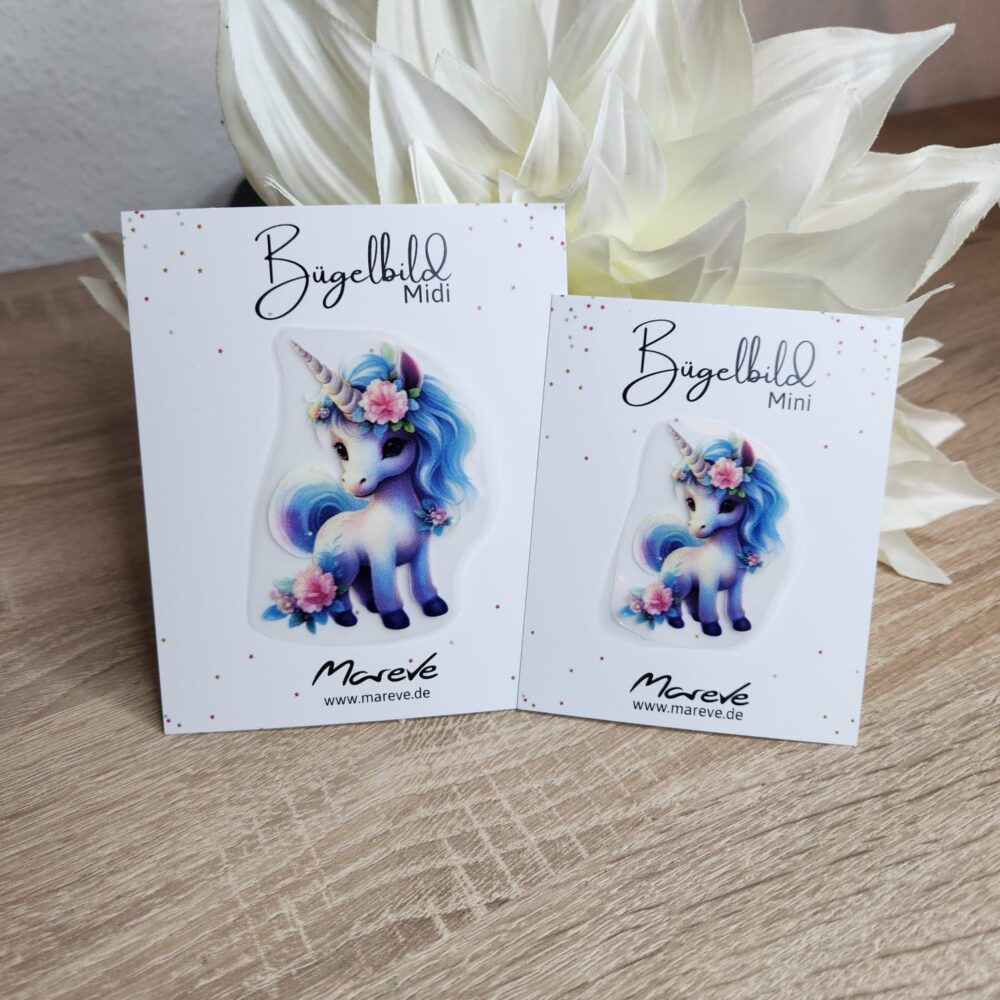 Midi/Mini Bügelbilder Designkarte - Einhorn Blumen