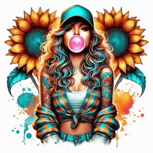 Bügelbild - Frau - Sonnenblume - Kaugummi