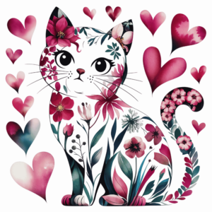 Bügelbild - Katze - Flower - Herzen