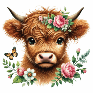 Bügelbild - Highland Kuh - Rosa Blumen