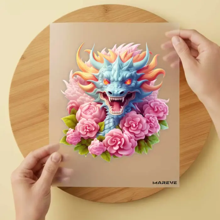 Bügelbild-3D-Drache-Blau-Feuer