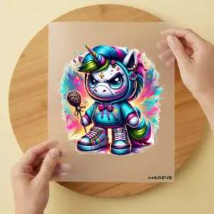 Bügelbild/Sticker -Böses Einhorn - Strohkeule-Rosa Schleife