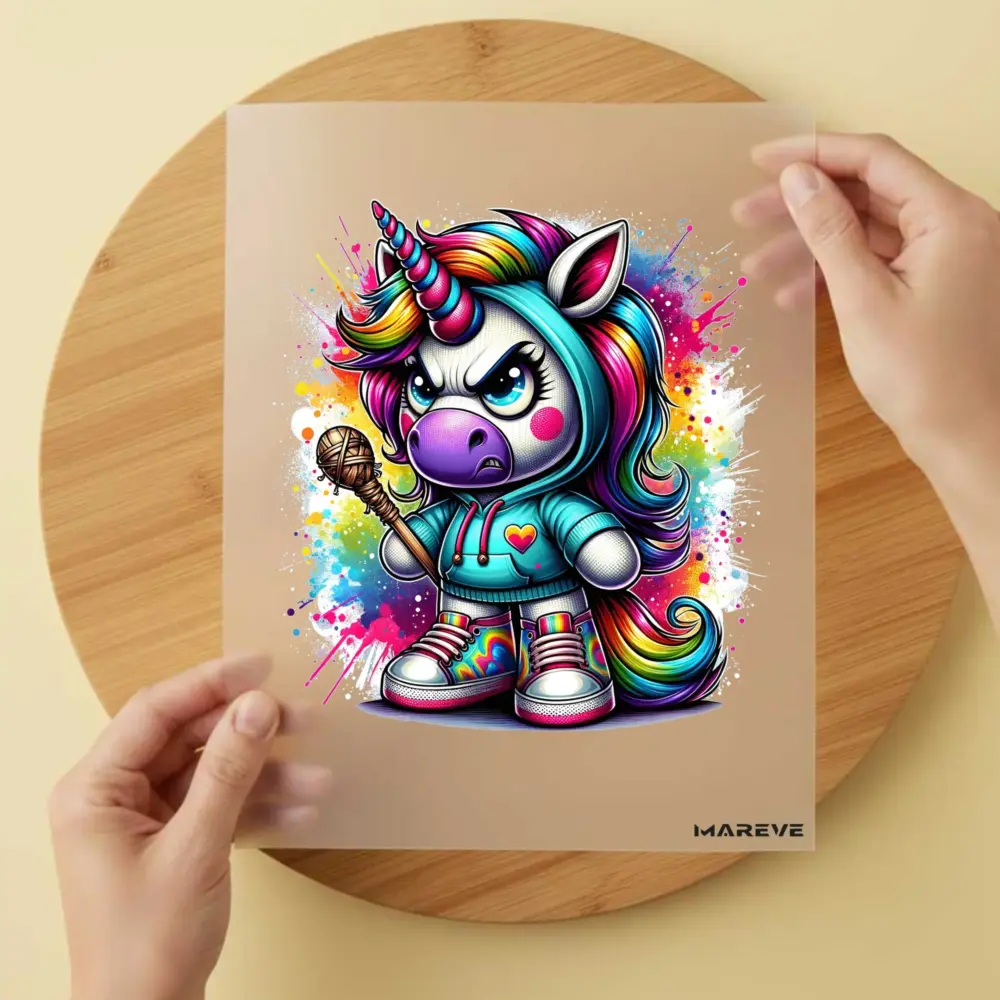 Bügelbild/Sticker -Böses Einhorn - Strohkeule-Türkise Jacke