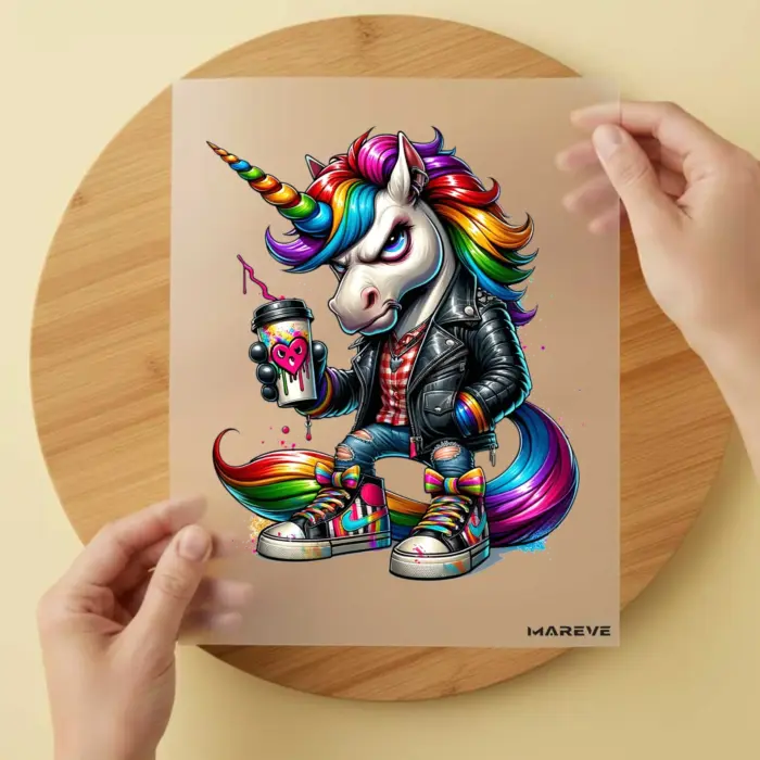 Bügelbild-Cooles-Einhorn-Becher-Herz-Böse Bügelbild-Cooles-Einhorn-Becher-Herz-Böse