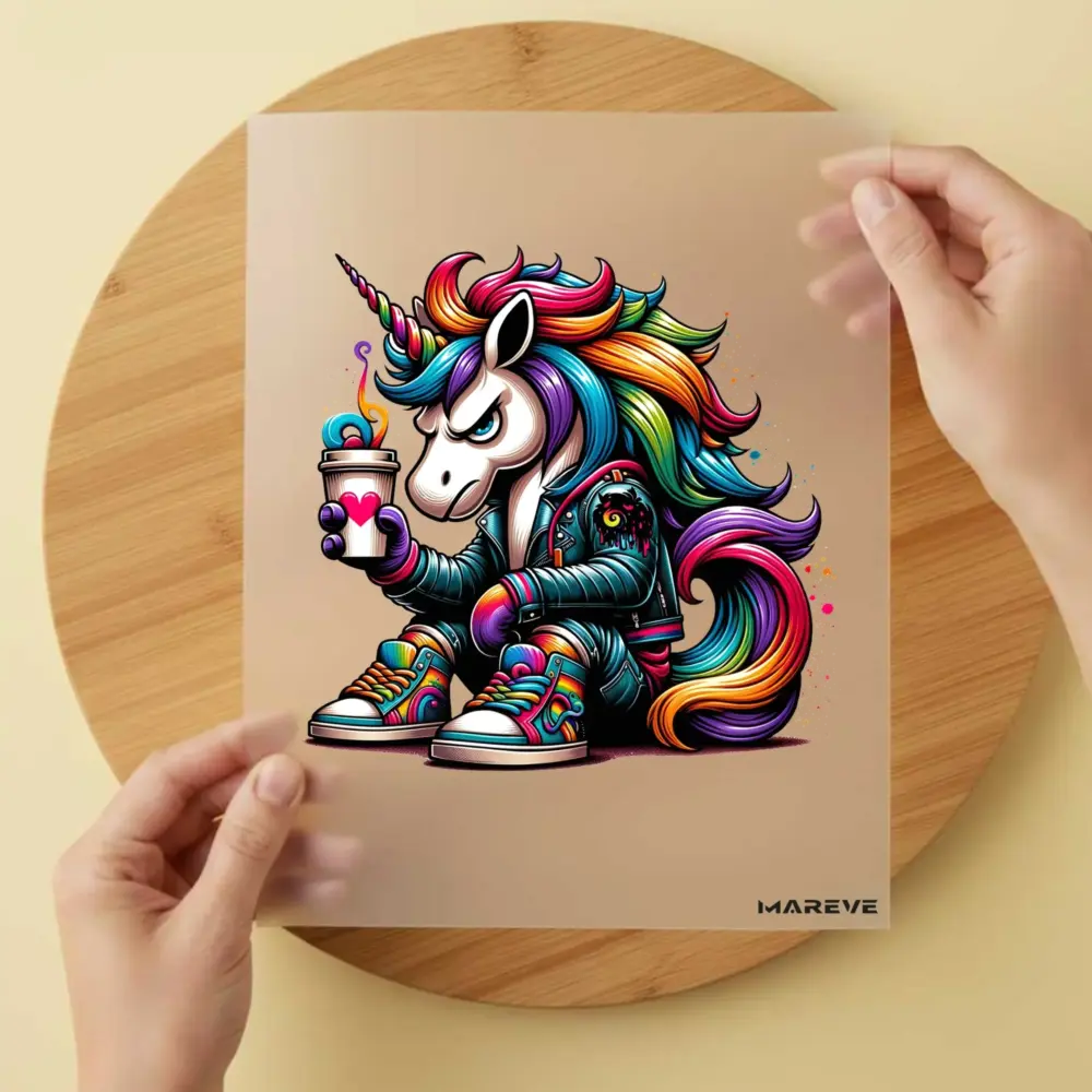 Bügelbild/Sticker - Cooles Einhorn - Sitzend - Becher - pinkes Herz