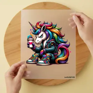 Bügelbild/Sticker - Cooles Einhorn - Sitzend - Becher - pinkes Herz