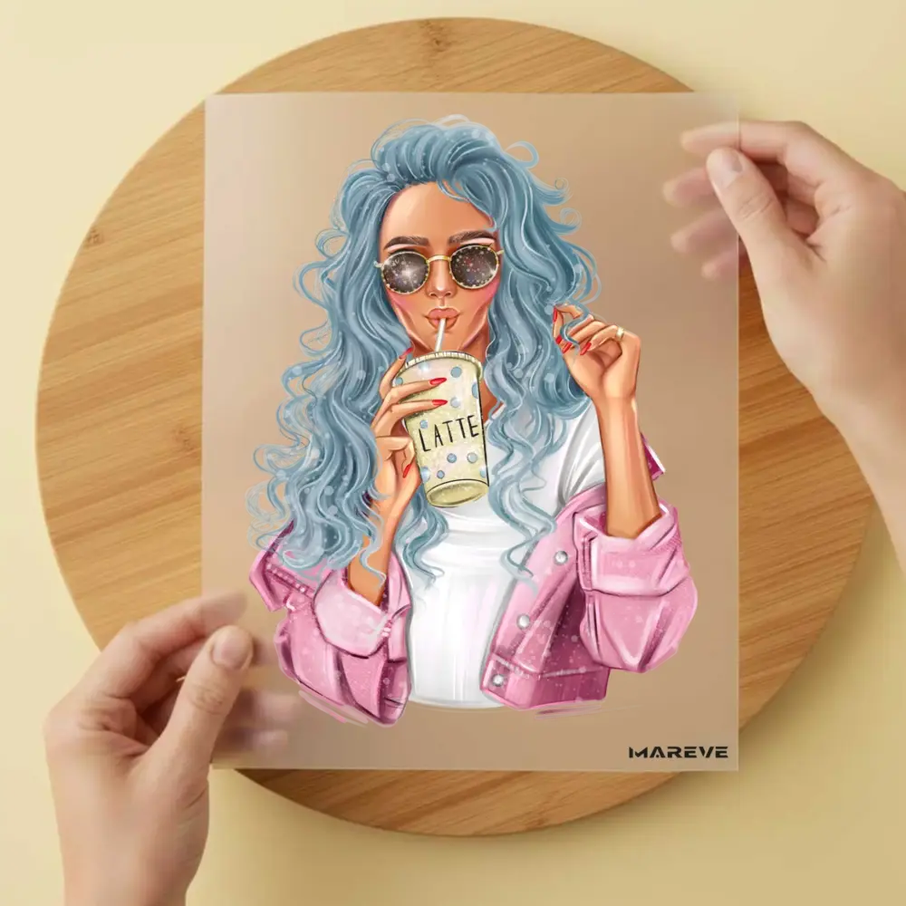 Bügelbild/Sticker - Frau mit Kaffee - Blaue Haare