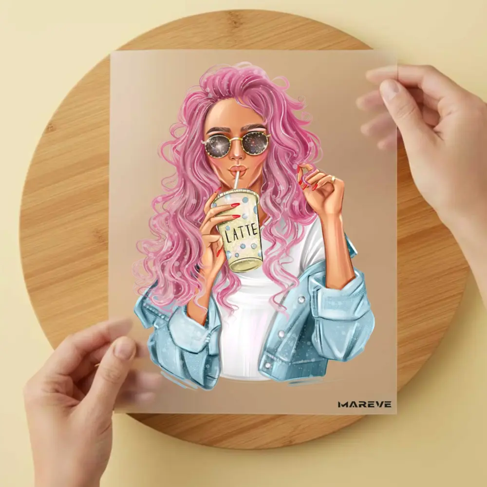 Bügelbild/Sticker - Frau mit Kaffee - Rosa Haare