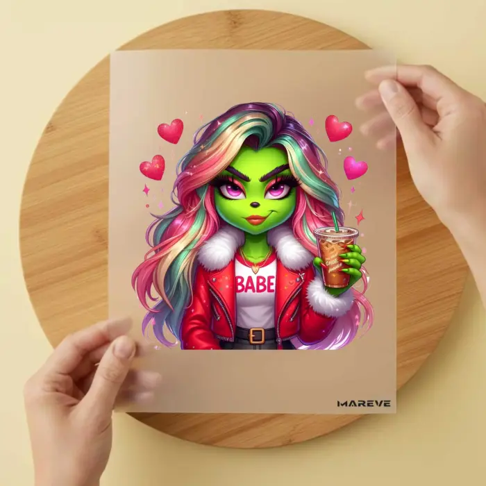 Bügelbild-Grüne-Frau-Babe - Rote-Jacke