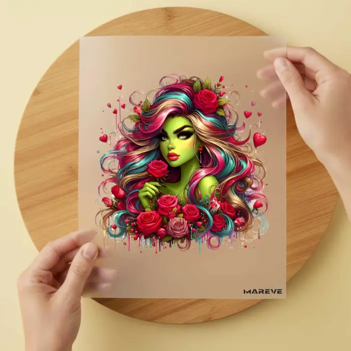 Bügelbild-Grüne-Frau-Rosen