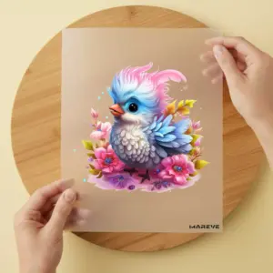 Bügelbild/Sticker - Vogel/Blumen - Blau/Rosa