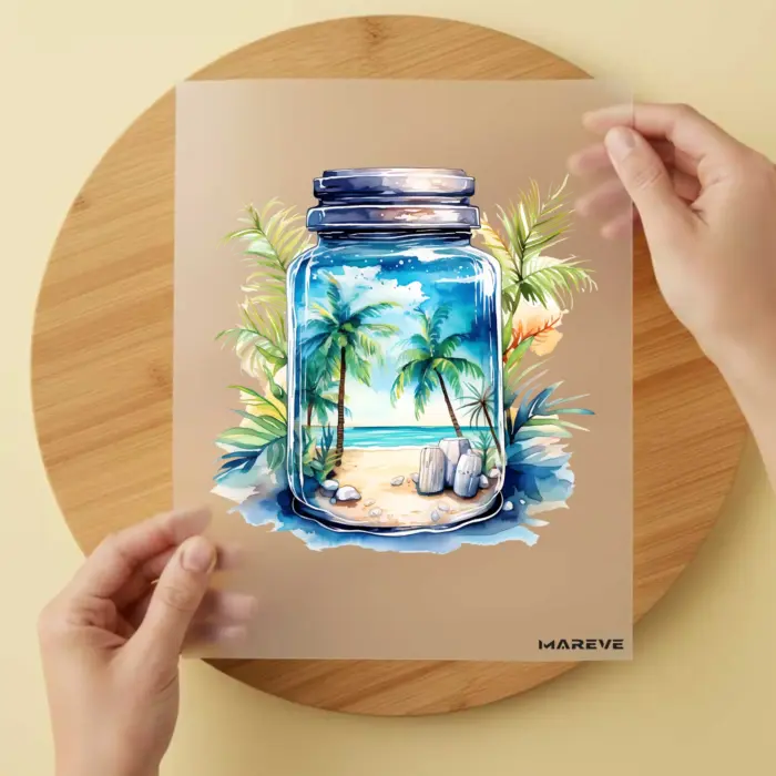 Bügelbild-Watercolour-Sommer-im-Glas-Palme-Strand Bügelbild-Watercolour-Sommer-im-Glas-Palme-Strand