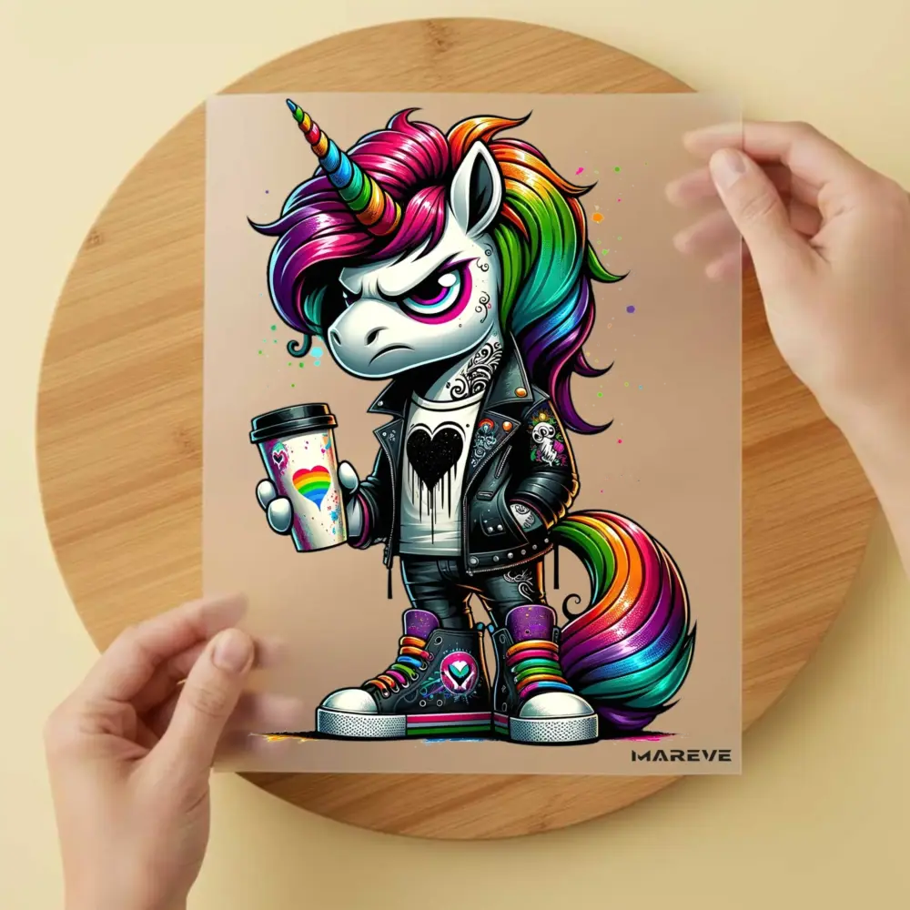 Bügelbild/Sticker - Cooles Einhorn - Becher - Herz Rainbow