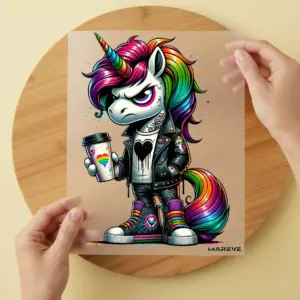 Bügelbild/Sticker - Cooles Einhorn - Becher - Herz Rainbow