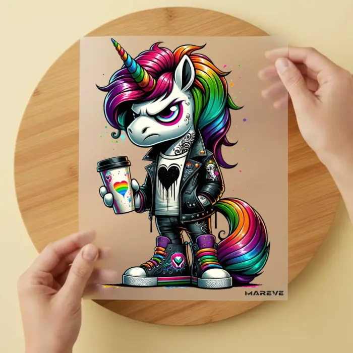 Bügelbild-cooles-Einhorn-Becher-Herz-Rainbow