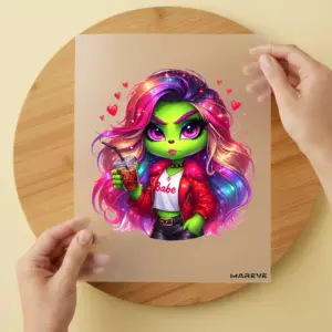 Bügelbild/Sticker - grüne Frau - Babe - Lila Augenbraun