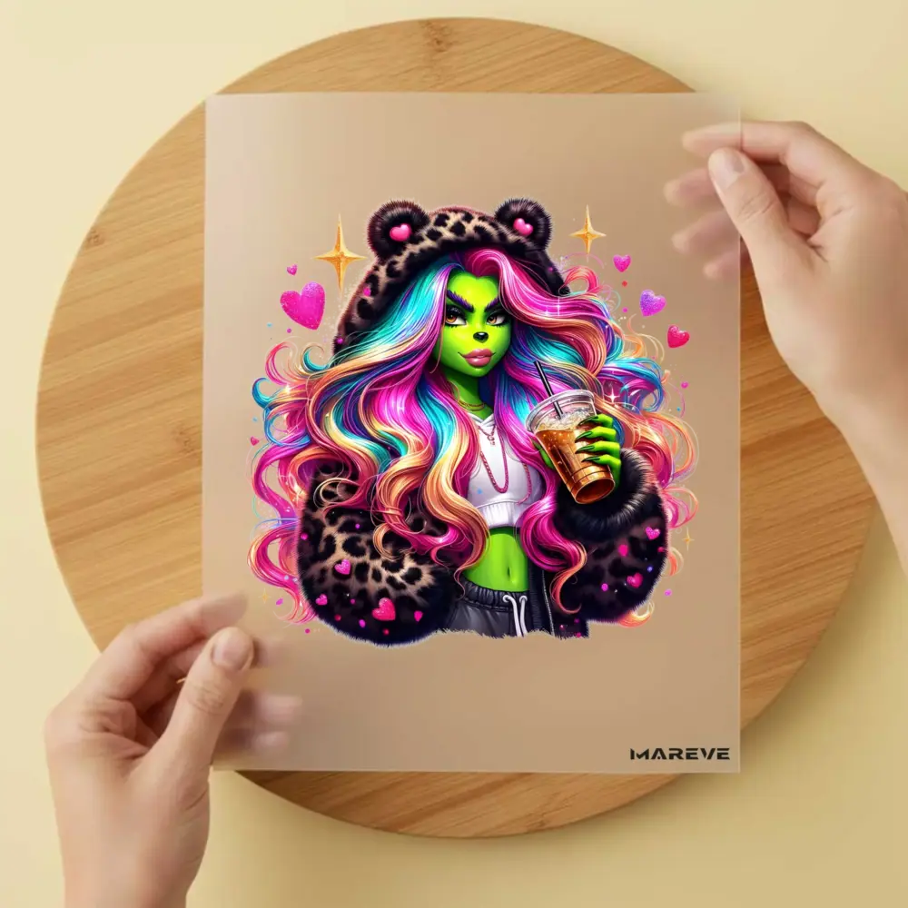 Bügelbild/Sticker - grüne Frau - Fellmantel - Leopard