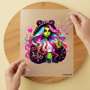 Bügelbild/Sticker - grüne Frau - Fellmantel - Leopard