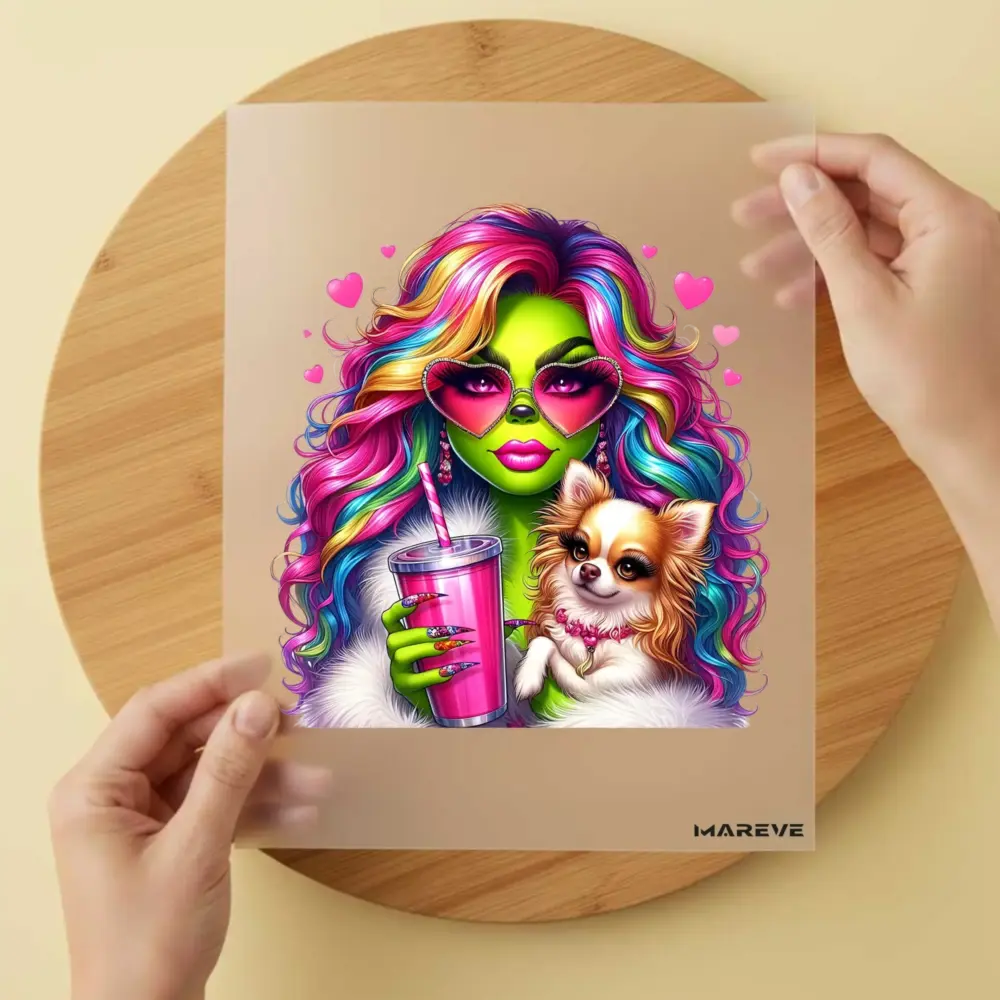 Bügelbild/Sticker - grüne Frau - Hund - Herz-Sonnenbrille