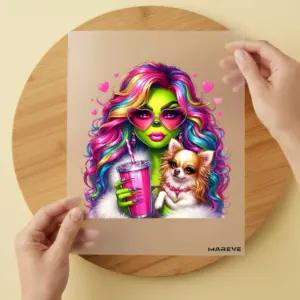 Bügelbild/Sticker - grüne Frau - Hund - Herz-Sonnenbrille
