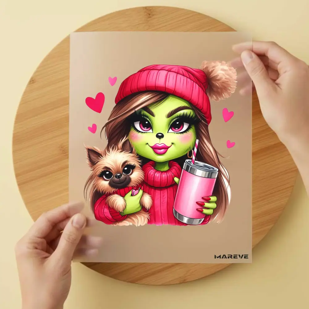 Bügelbild/Sticker - grüne Frau - Hund - Pinke Mütze