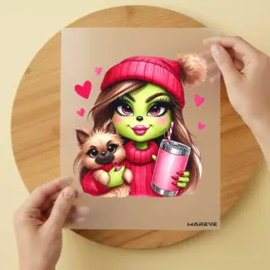 Bügelbild/Sticker - grüne Frau - Hund - Pinke Mütze