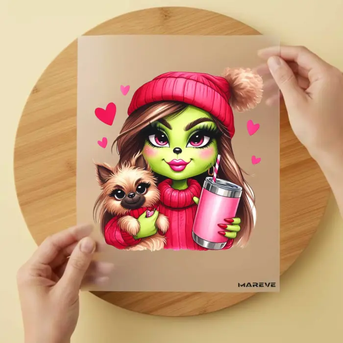 Bügelbild-grüne-Frau-Hund-Pinke-Mütze Bügelbild-grüne-Frau-Hund-Pinke-Mütze