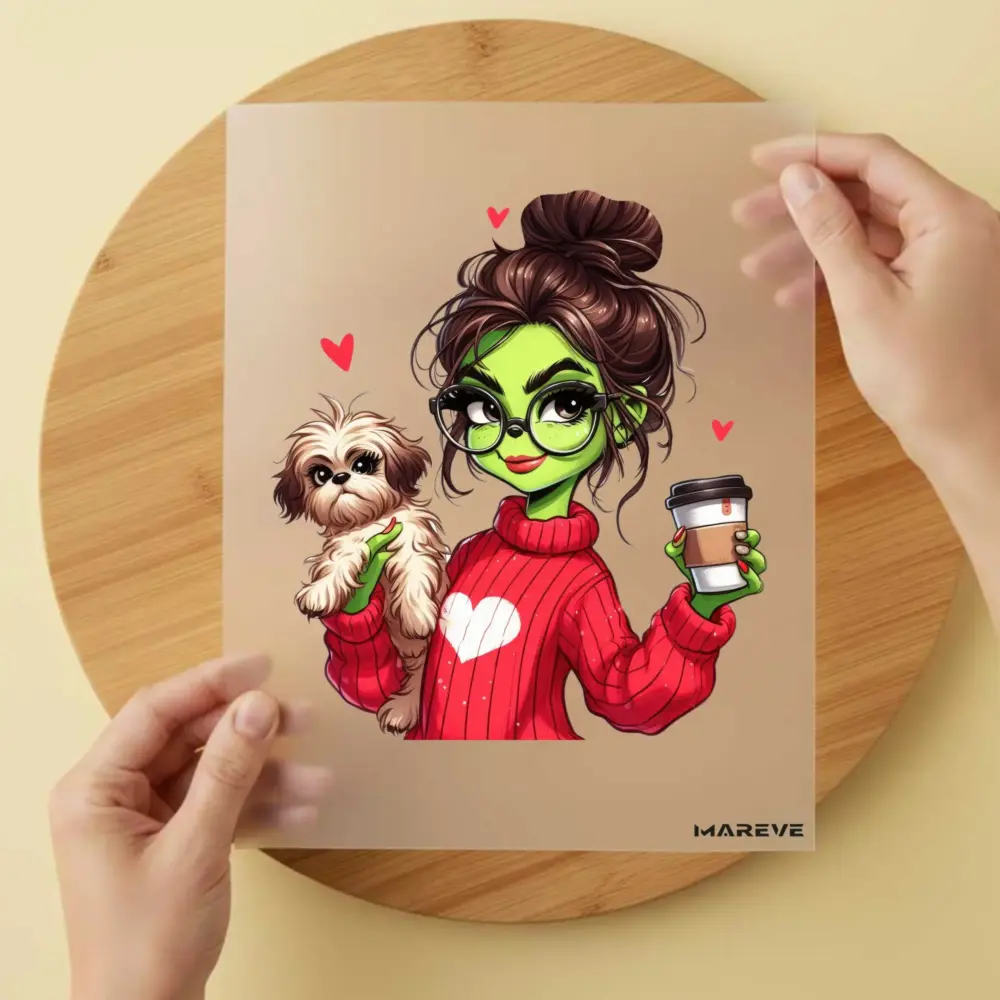 Bügelbild/Sticker - grüne Frau - Hund - Roter Pulli