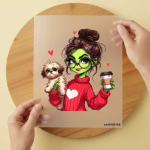Bügelbild/Sticker - grüne Frau - Hund - Roter Pulli