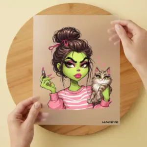 Bügelbild/Sticker - grüne Frau - Katze