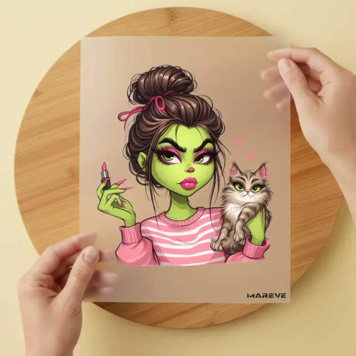 Bügelbild-grüne-Frau-Katze