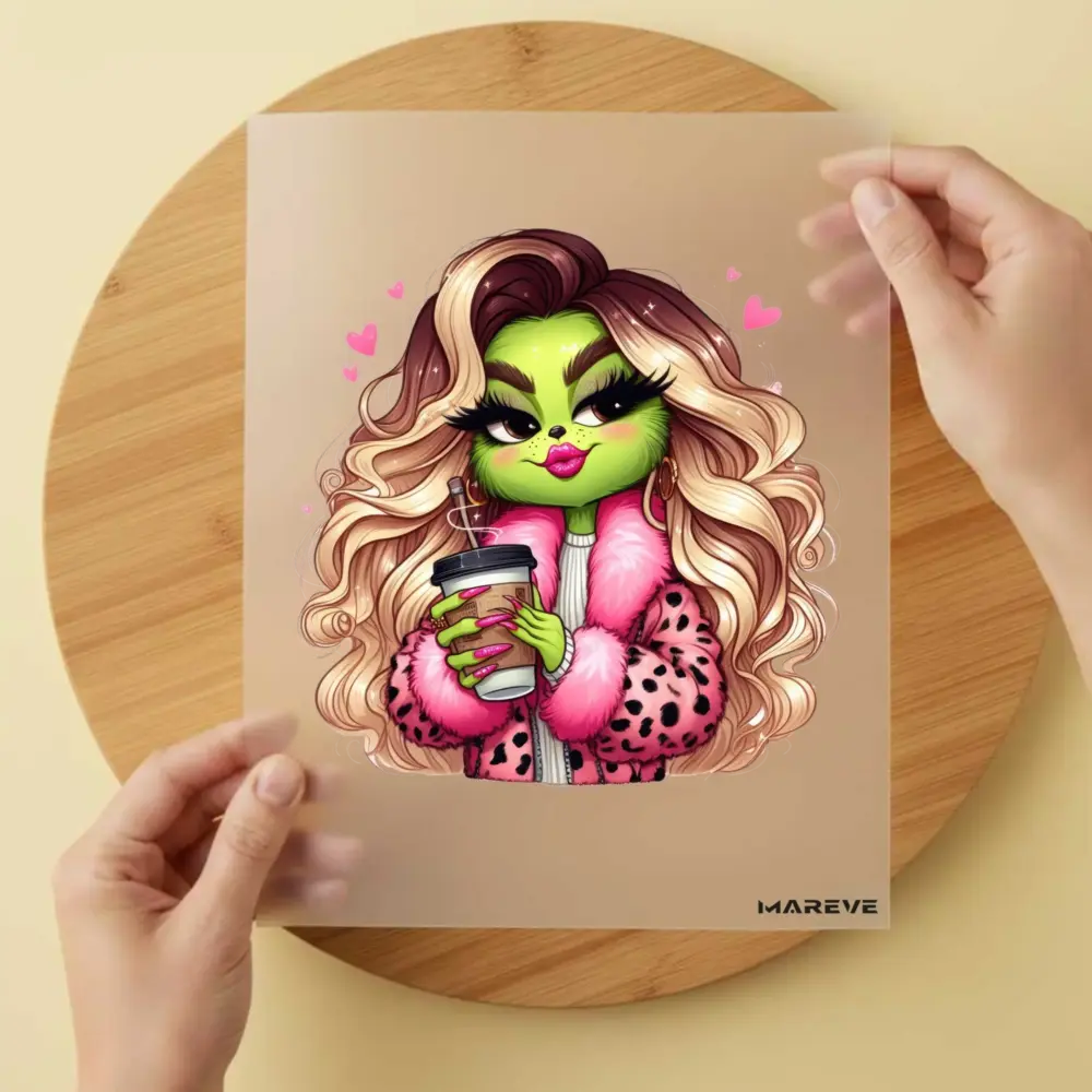 Bügelbild/Sticker - grüne Frau - Pinker Mantel