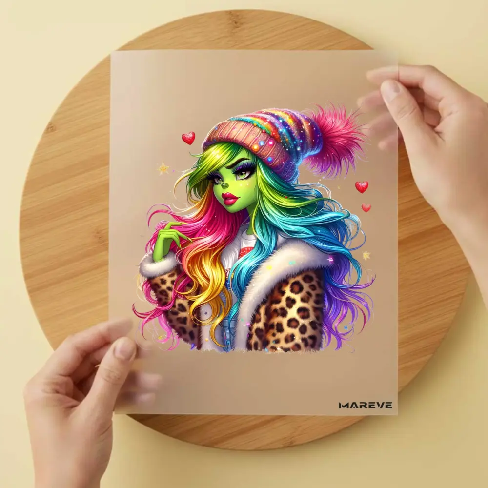 Bügelbild/Sticker - grüne Frau - bunte Mütze