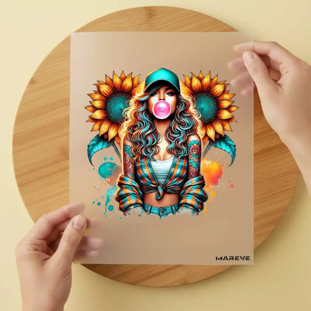 Bügelbild/Sticker - Frau - Sonnenblume - Kaugummi