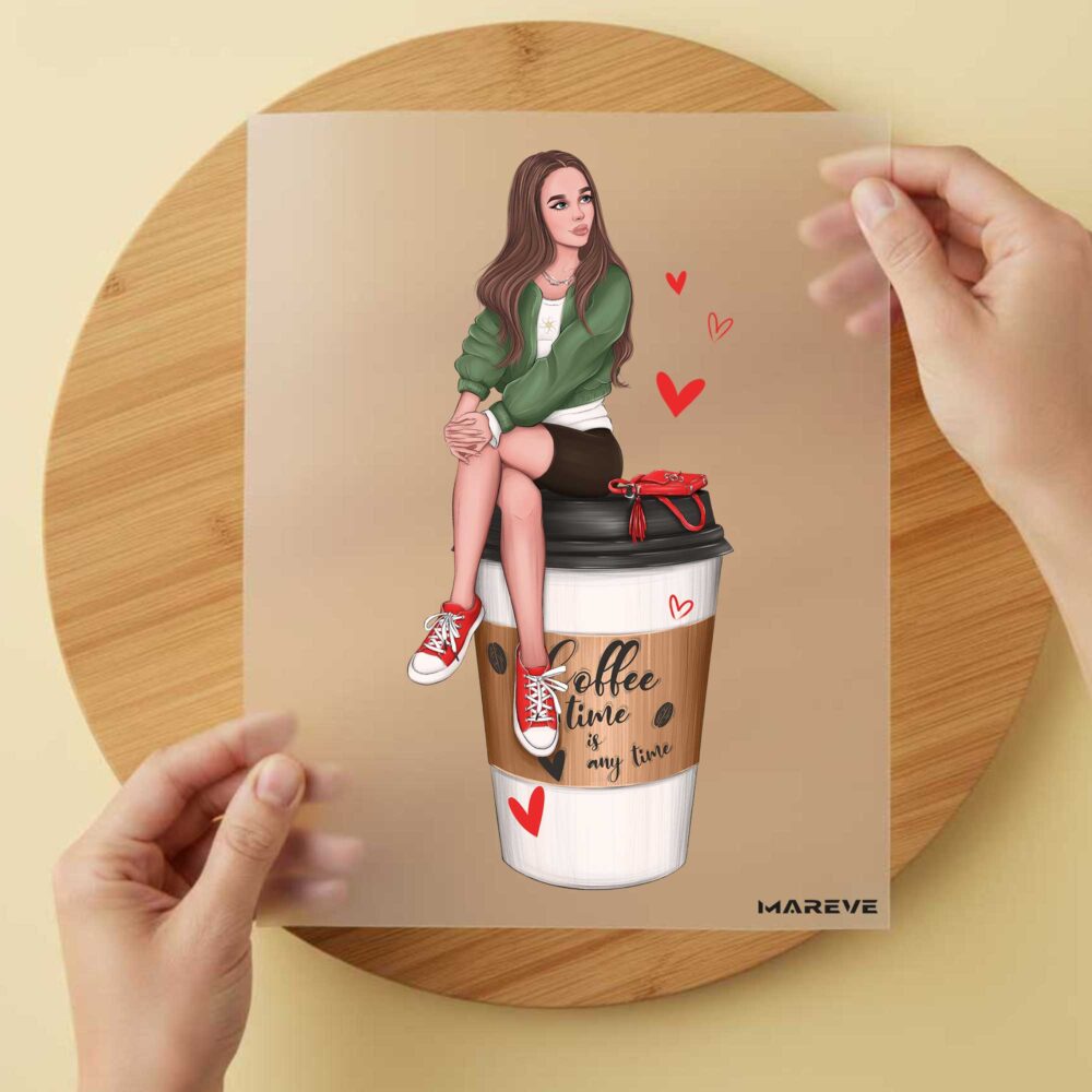 Bügelbild/Sticker - Frau auf Kaffeebecher - Braun