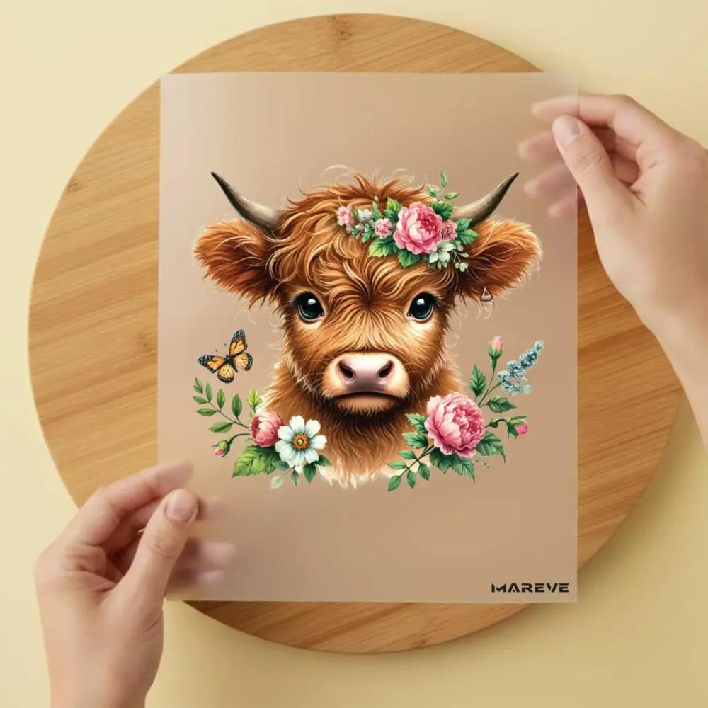 Bügelbild/Sticker - Highland Kuh - Rosa Blumen