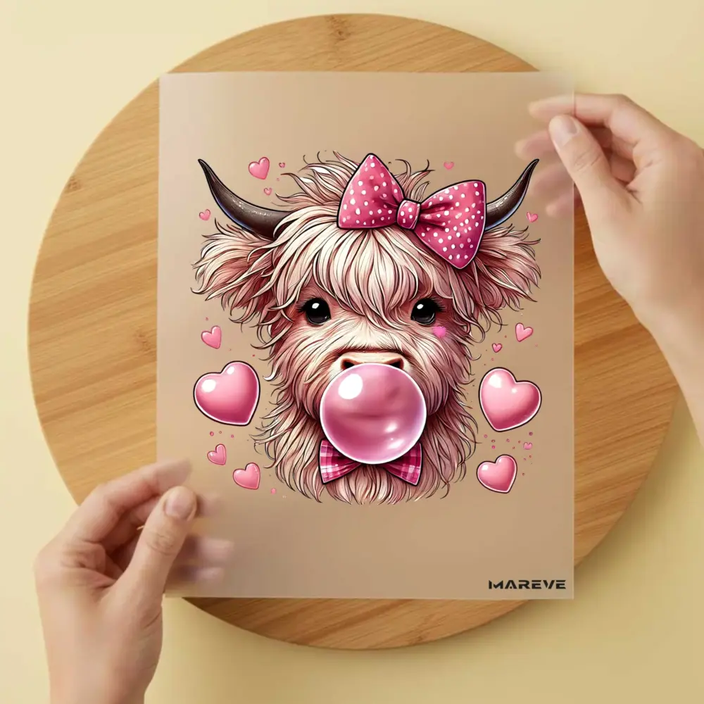 Bügelbild/Sticker - Highland Kuh - rosa Schleife