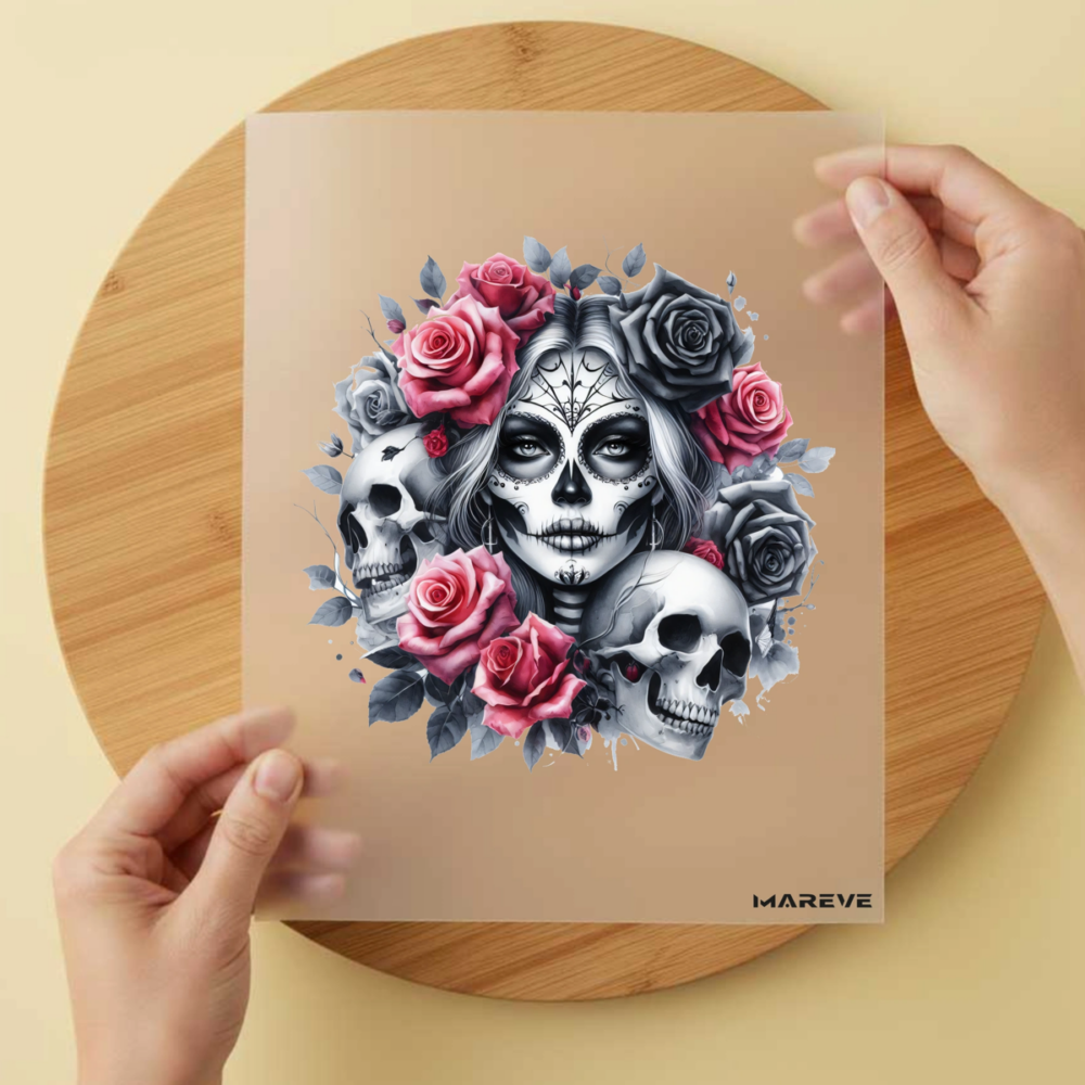 Bügelbild/Sticker Frau Skull Grau/Rosa – DTF Bügelbild und UV DTF Sticker