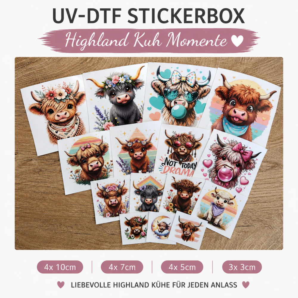 Highland Kuh Momente Themenbox – 15 UV DTF Sticker | Highland Cows, süße Kuhmotive & Blumen – DTF Bügelbild und UV DTF Sticker