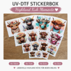 Highland Kuh Momente Themenbox – 15 UV DTF Sticker | Highland Cows, süße Kuhmotive & Blumen – DTF Bügelbild und UV DTF Sticker
