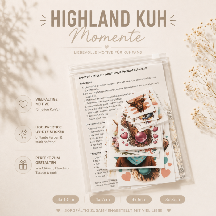 Highland Kuh Momente Themenbox – 15 UV DTF Sticker | Highland Cows, süße Kuhmotive & Blumen – DTF Bügelbild und UV DTF Sticker