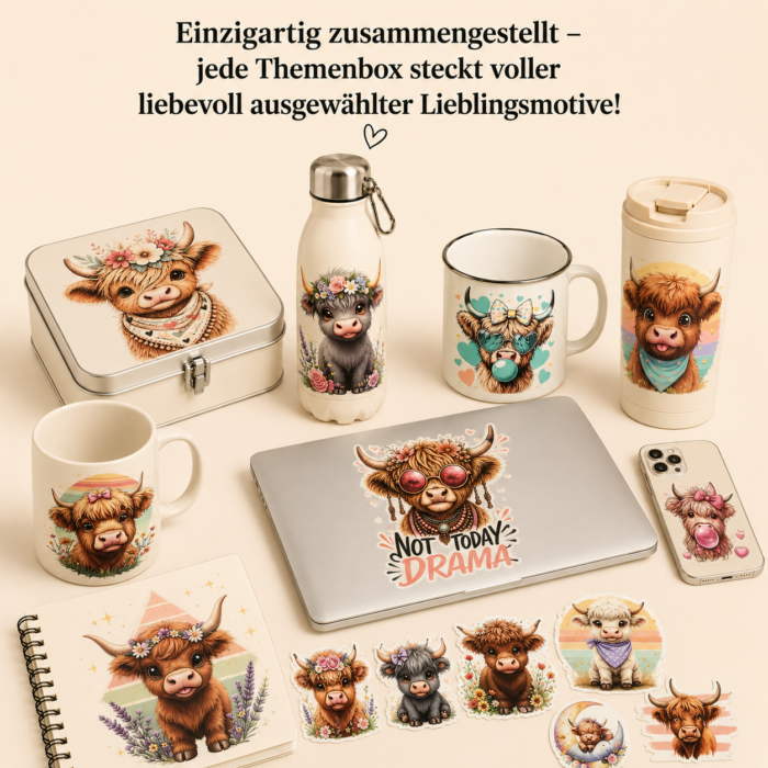 Highland Kuh Momente Themenbox – 15 UV DTF Sticker | Highland Cows, süße Kuhmotive & Blumen – DTF Bügelbild und UV DTF Sticker