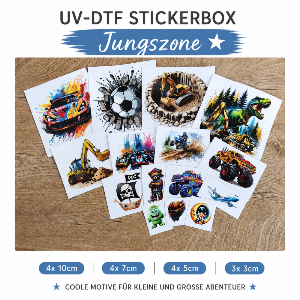 Jungszone Themenbox – 15 UV DTF Sticker für Jungs | Auto, Dino, Fußball & mehr