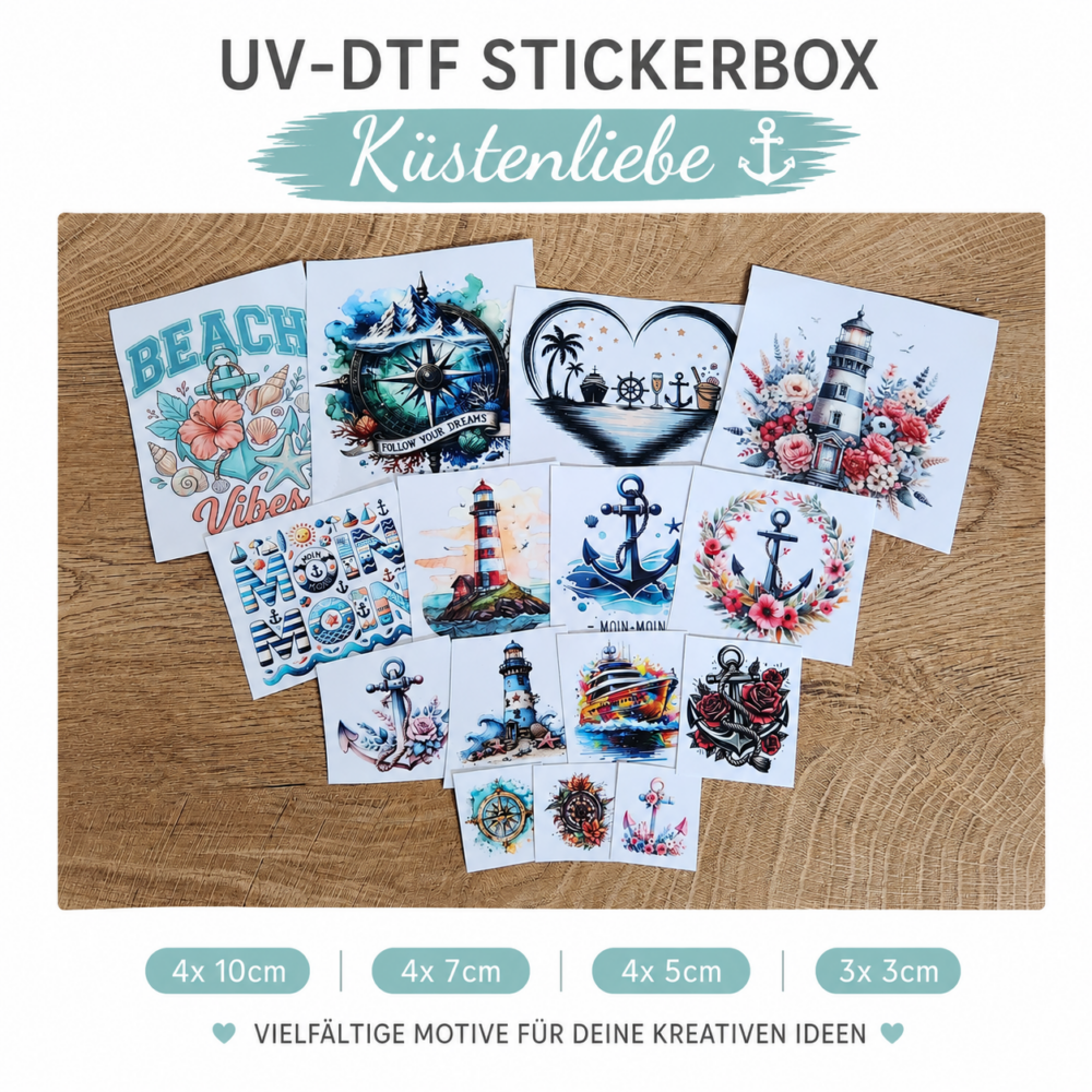 Küstenliebe Themenbox – 15 UV DTF Sticker | Maritim, Leuchtturm, Anker & Meer – DTF Bügelbild und UV DTF Sticker