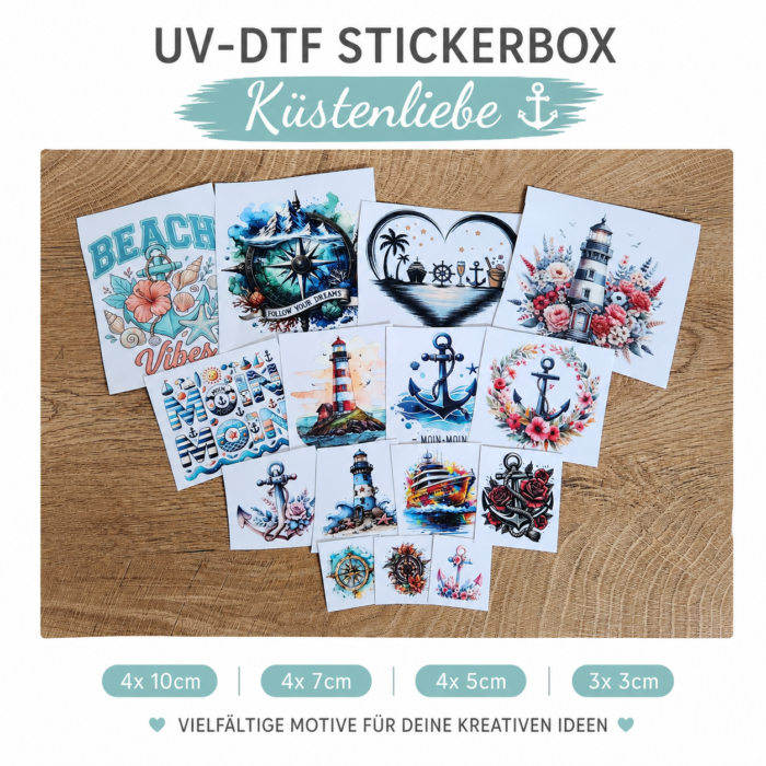 Küstenliebe Themenbox – 15 UV DTF Sticker | Maritim, Leuchtturm, Anker & Meer – DTF Bügelbild und UV DTF Sticker