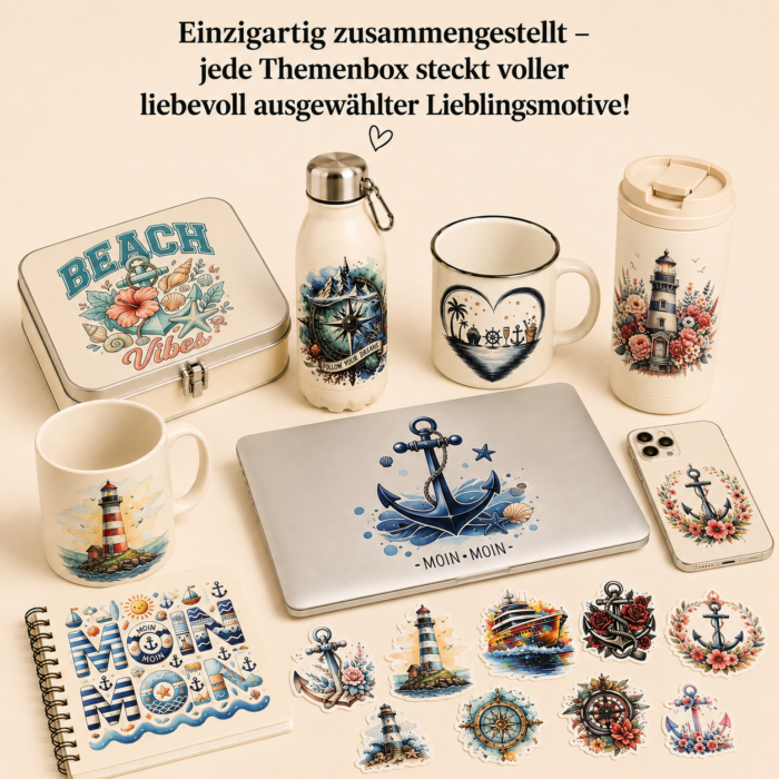 Küstenliebe Themenbox – 15 UV DTF Sticker | Maritim, Leuchtturm, Anker & Meer – DTF Bügelbild und UV DTF Sticker