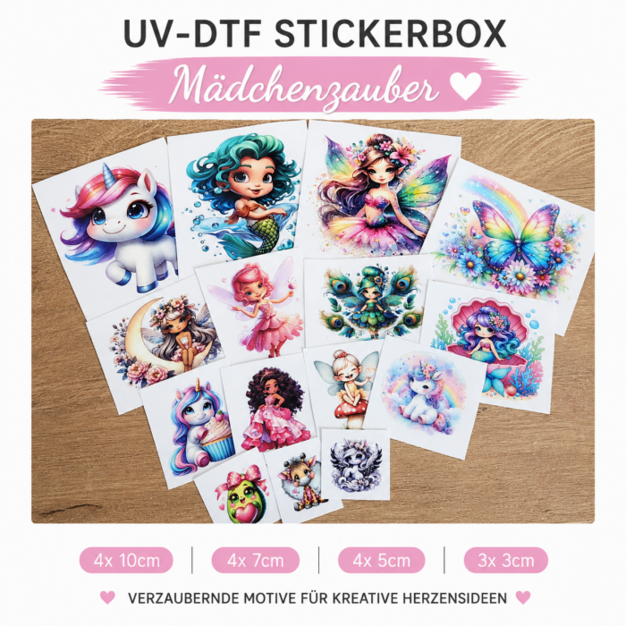 Mädchenzauber Themenbox – 15 UV DTF Sticker | Einhorn, Meerjungfrau, Fee & Fantasy-Motive – DTF Bügelbild und UV DTF Sticker