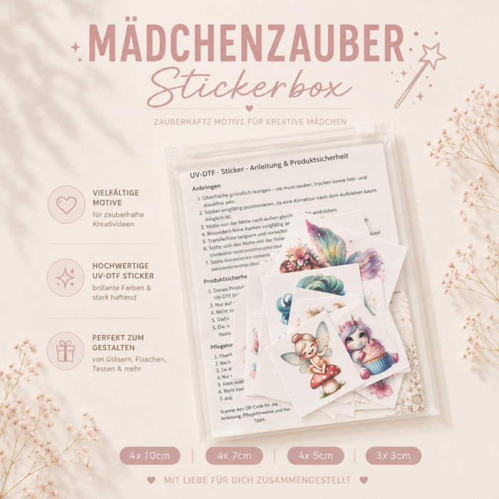 Mädchenzauber Themenbox – 15 UV DTF Sticker | Einhorn, Meerjungfrau, Fee & Fantasy-Motive – DTF Bügelbild und UV DTF Sticker